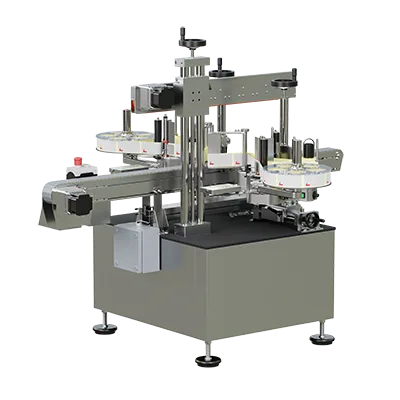 Etiketteringssystem for tosidig etikettering av ovale og firkantede produkter med flat side.