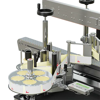Etiketteringssystem for tosidig etikettering av ovale og firkantede produkter med flat side.