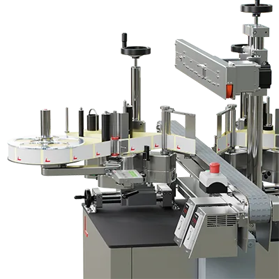 Etiketteringssystem for tosidig etikettering av ovale og firkantede produkter med flat side.