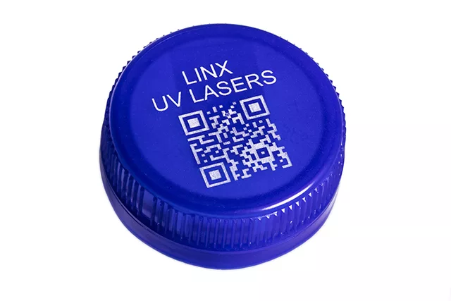UV-laser for industriell merking: Linx UVG5, Drikkevarer, Flaskekork medQR kode, Plastik, Tekst, 2D