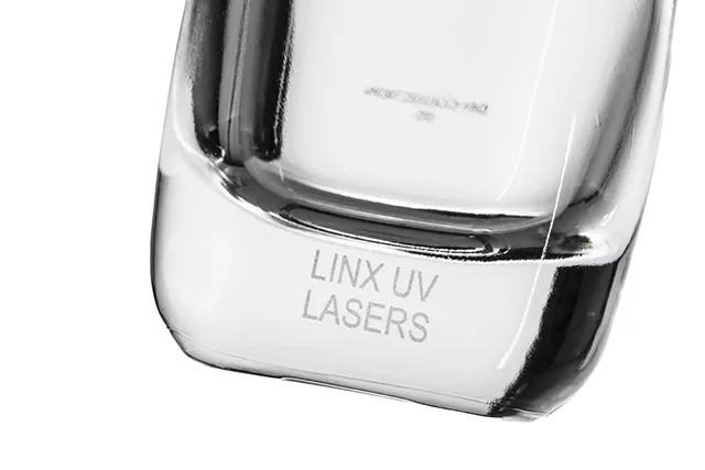 UV-laser for industriell merking: Linx UVG5, Personal Care, Kosmetikk, Parfyme, Glass, Flaske, Tekst