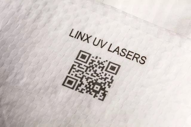 UV-laser for industriell merking: Linx UVG5, Storsekk, byggevarer, QR kode, Plastik, Tekst, 2D