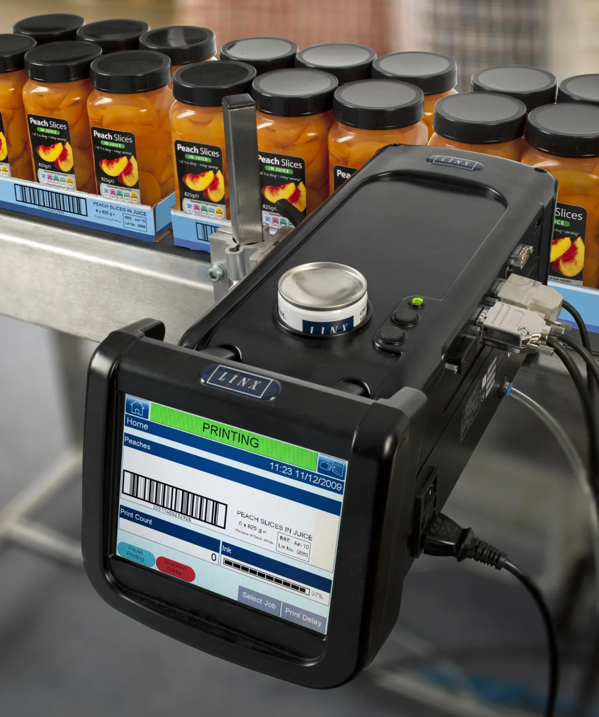 Linx IJ355/IJ375 storkarakterskrivere som merker blått papptrau (D-pak).